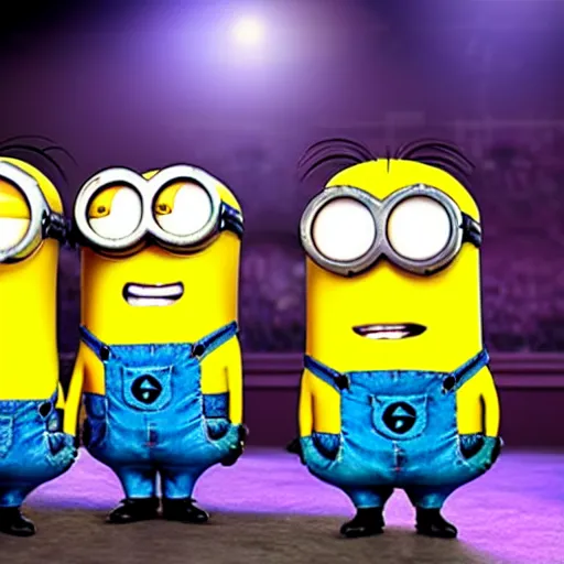 Image similar to minions as a heavy hair metal band from 8 0 s playing their concert on stadium