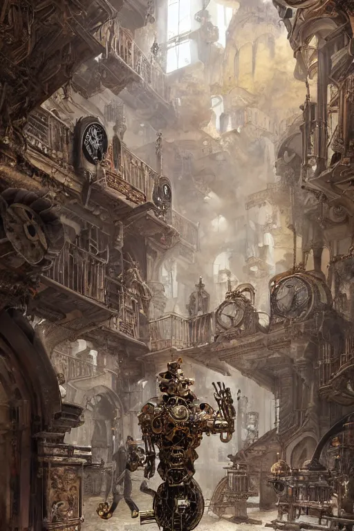 Image similar to a biomechanical palace guard made of machine parts and clocks is walking through a steampunk byzantine courtyard by anders zorn, gun arms, shiny, wonderful, mandelbulb 3 d buildings, fractal designs, dynamic, masterpiece by greg rutkowski, hyperrealism, beautiful cinematic light, by greg manchess, jessica rossier