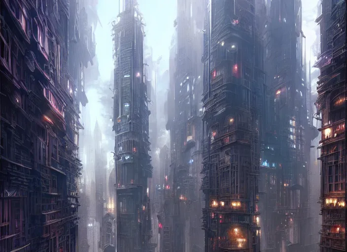 Image similar to a painting of a city with a lot of tall buildings, a detailed matte painting by stephan martiniere, cgsociety, fantasy art, steampunk, matte painting, matte drawing