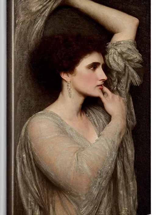 Image similar to a portrait of lisa gerrard, by edward robert hughes and frederic leighton