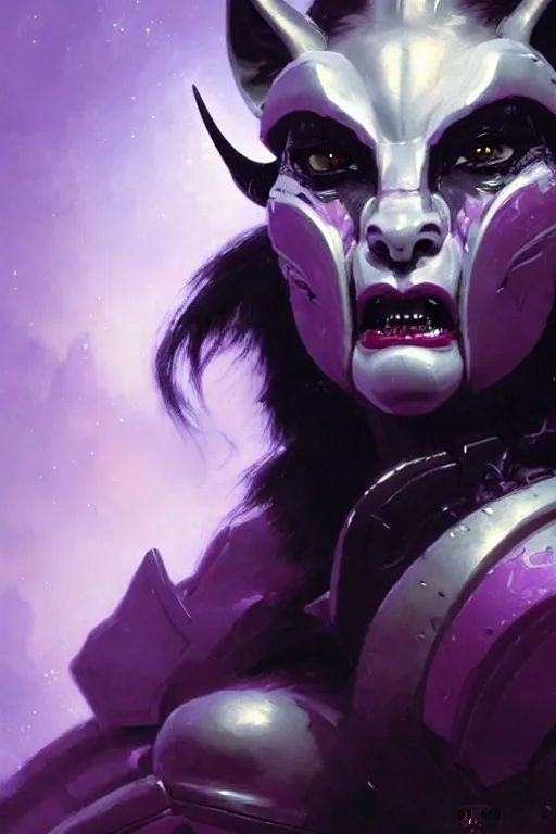 Image similar to extreme close up, facial portrait, woman with a long black ponytail in purple sci - fi armor, wearing a kitsune mask, shoulder pad is a glowing oni mask, striking pose, portrait dnd, painting by gaston bussiere, craig mullins, greg rutkowski, yoji shinkawa