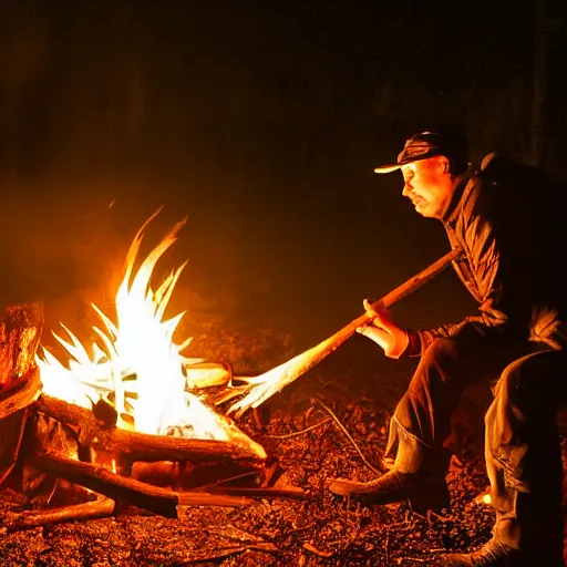 Image similar to beaver being spit roasted over a campfire at night, photograph