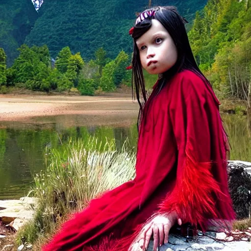 Prompt: “prompt Young Harpy-Girl, red feathered wings, wearing Inka clothes, sad expression, sitting at a pond, mountainous area, trees in the background, digital art”