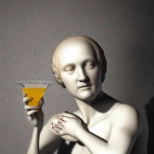 Image similar to a 3 d model of a white marble human head in a renaissance style holding a coctail, colorful coctail, digital illustration, 3 d render, above the waist