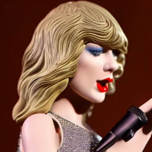 Image similar to a porcelain figurine of taylor swift singing, product shot