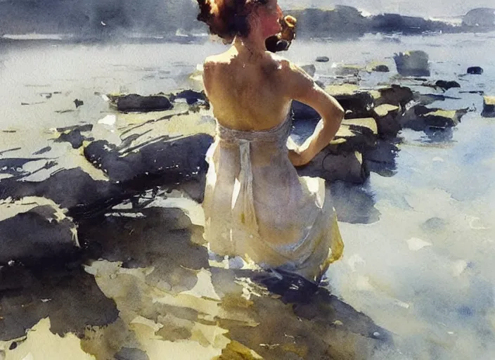 Prompt: watercolor painting of sunny summer day, calm water, art by anders zorn, wonderful masterpiece by greg rutkowski, beautiful cinematic light, american romanticism by greg manchess, creation by tyler edlin, aquarelle