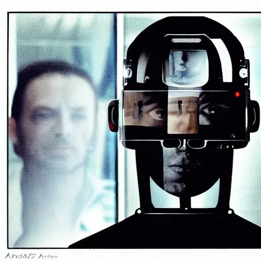 Image similar to the reflection of a man on the head of a robot, by andrzej zulawski