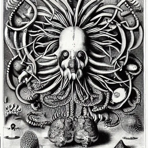 Image similar to bizarre bestiary of repressed unconscious emotional monsters and creatures, illustrated by Ernst Haeckel and Robert Fludd