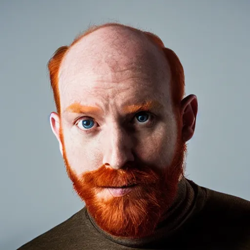 Prompt: photograph of a ginger male, middle aged balding superhero