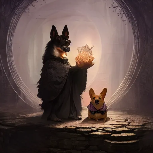 Prompt: a magician corgi puppy, arcane spellcaster, magical, mystical, fantasy, d & d character art, highly detailed digital illustration, intricate, glowing, greg rutkowski, trending on artstation, 8 k