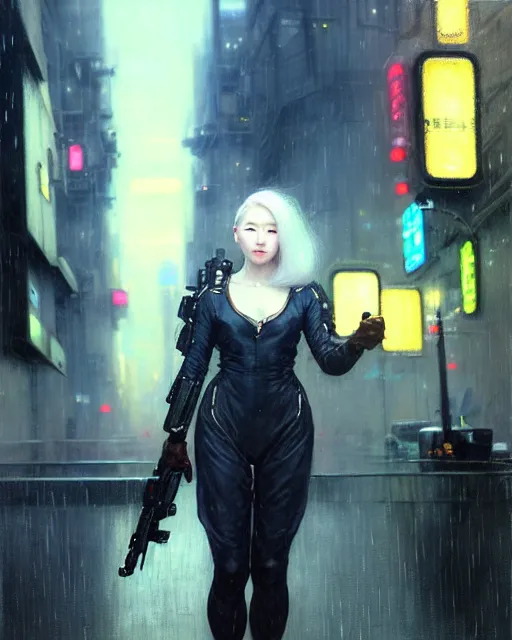 Image similar to beautiful portrait of kang seul - gi, ultra white hair, android, in rainy city street, cyberpunk, wearing tactical gear, by gaston bussiere, craig mullins, j. c. leyendecker, gustav klimt, artgerm, greg rutkowski