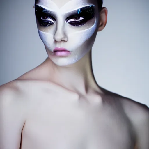 Image similar to high fashion photography of a model in neo futurism white sci - fi makup, transparent cloth, beautifully lit