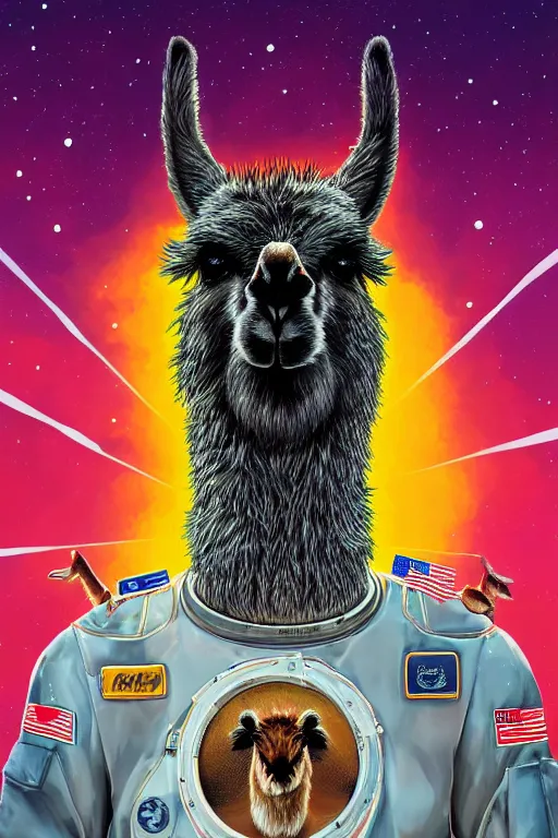 Prompt: highly rhythmic expressionistic wild symmetrical furry masterpiece portrait of a llama wearing a spacesuit, surreal background, digital art, trending on artstation, cgsociety, daily deviation, HQ 8k scan