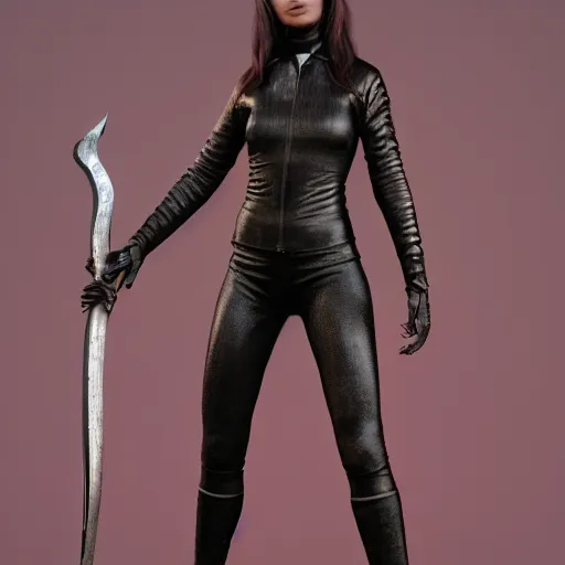 Image similar to 3 d render of a female wearing a skintight leather jacket holding a sword in a forest, large thighs, perfect face, beautiful! coherent!, intricate, elegant, highly detailed, cycles render, octane render, unreal engine, artstation, 8 k