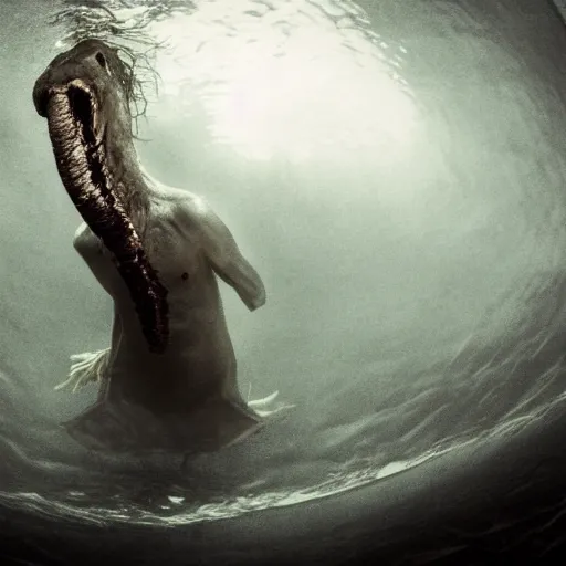 Prompt: sea monster about to eat pov underwater, pale skin, dark yellowish water, foggy water, dark, dramatic,'silent hill ', big eyes, alluring and terrifying, whole body cinematic