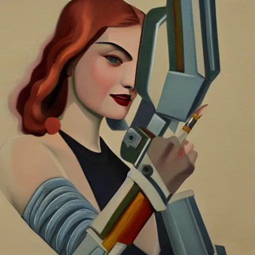 Image similar to Art Deco painting of a cybernetic Elle Fanning