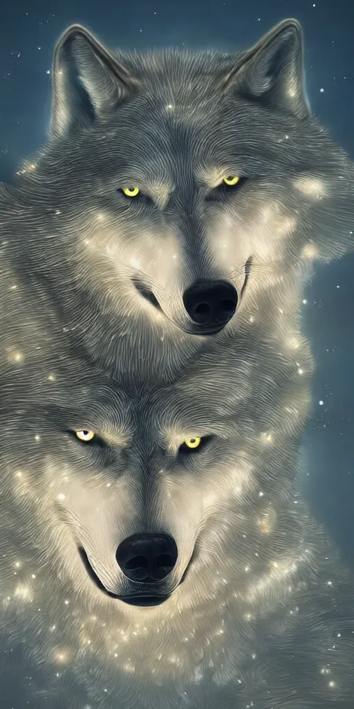 Image similar to close up portrait of a howling wolf in front of the full big moon, fantasy digital art, high definition, 8k, high details, high quality, golden and silver colors, glowing lights in the background