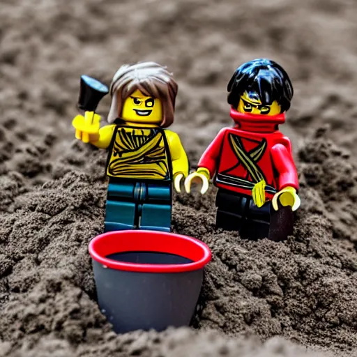 Image similar to lego ninjago ninjas playing in the sandpit