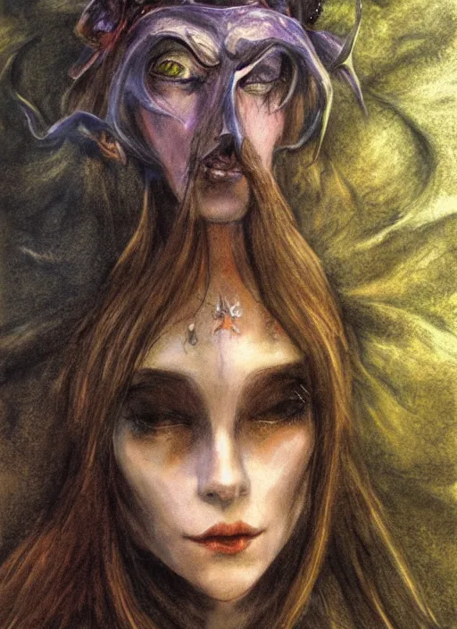 Image similar to portrait of young female sorceress of the endtimes, beautiful! coherent! dungeons and dragons character, by brian froud, strong line, night color, high contrast