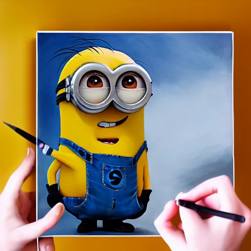 Prompt: an epic painting minion, looking at the smartphone, oil on canvas, perfect composition, golden ratio, beautiful detailed, photorealistic, digital painting, concept art, smooth, sharp focus, illustration, artstation trending