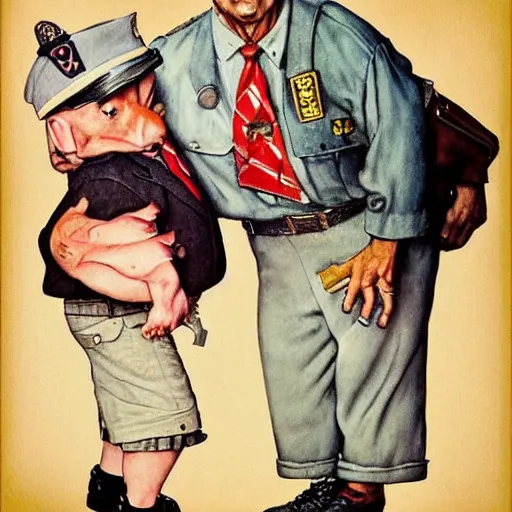 Prompt: hybrid of pig and nyc policeman, annoyed, ultra detailed, photo realistic, style of norman rockwell.