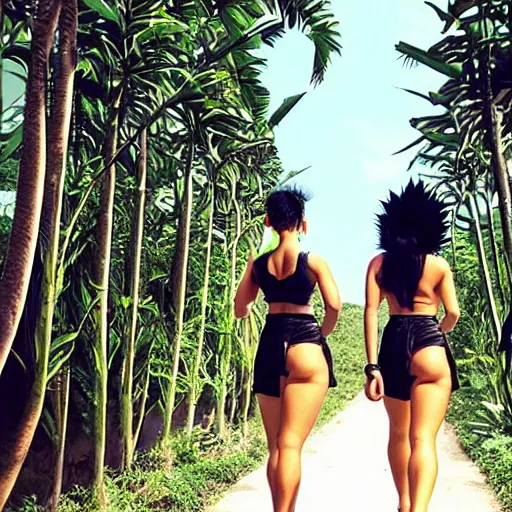 Prompt: Saiyan warrior girl, muscular girl, wild spiky black electrified hair, wearing kung fu uniform, walking through Bali, 1977, tropical palm trees, colorized