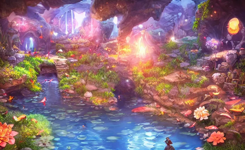 Image similar to magical mine illustration. fantasy, soft lighting, 8 k, sharp focus, global illumination, paid artwork, portfolio, detailed and intricate environment, koi pond vibe