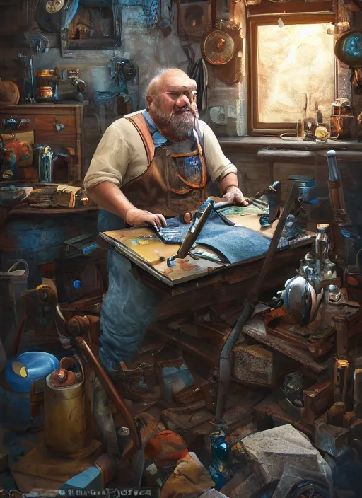 Image similar to An epic fantasy comic book style portrait painting of a an old tinker fat man working on a device in her workshop, unreal 5, DAZ, hyperrealistic, octane render, cosplay, RPG portrait, dynamic lighting