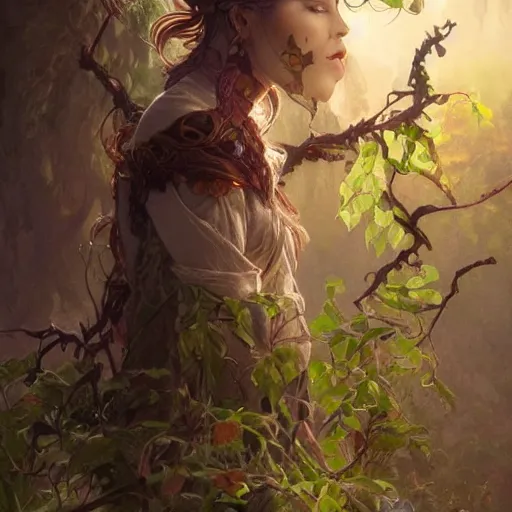 Image similar to a woman druid wearing leaf and vine themed clothing, fully clothed, pet animal, D&D, fantasy, intricate, cinematic lighting, highly detailed, digital painting, artstation, concept art, smooth, sharp focus, illustration, art by Artgerm and Greg Rutkowski and Alphonse Mucha, subject in the middle of the frame