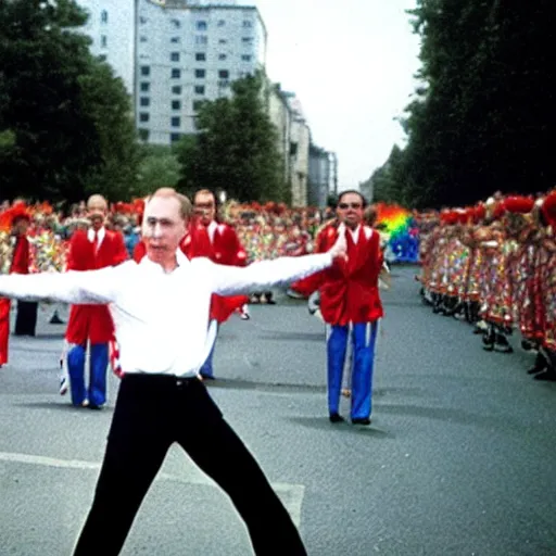 Prompt: putin dancing in a pride parade, film still, photography