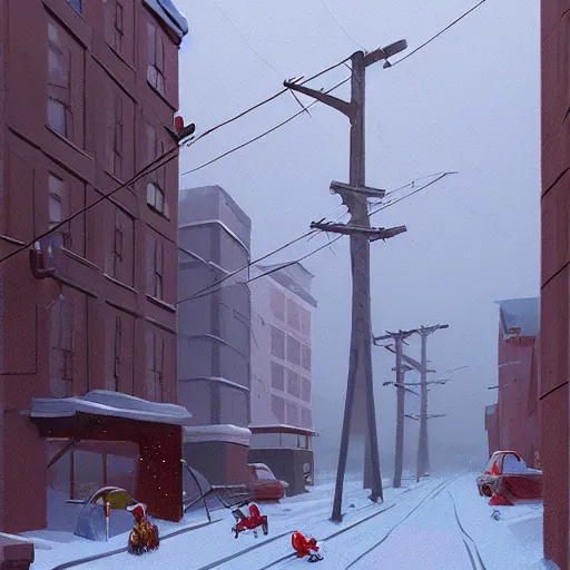 Image similar to a snow covered street with buildings and power lines, concept art by Simon Stålenhag, cgsociety, plein air, concept art, artstation hq, matte drawing