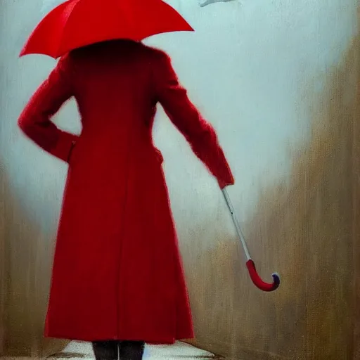 Image similar to woman with red coat and cyan umbrella, gerald brom