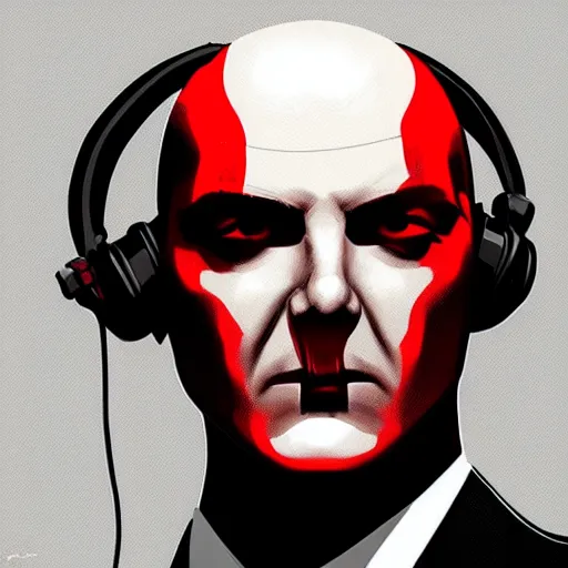 Prompt: a concept art portrait of agent 4 7 from hitman wearing headphones, dark background, red rim light, highly detailed, smooth, sharp focus, art by jason chan