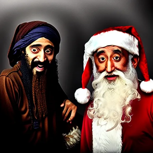 Image similar to uhd candid photo of bin laden and santa claus on skid row, making a dirty bomb. correct faces, studio lighting, intricate details, hyperdetailed, accurate faces. photo by annie leibowitz