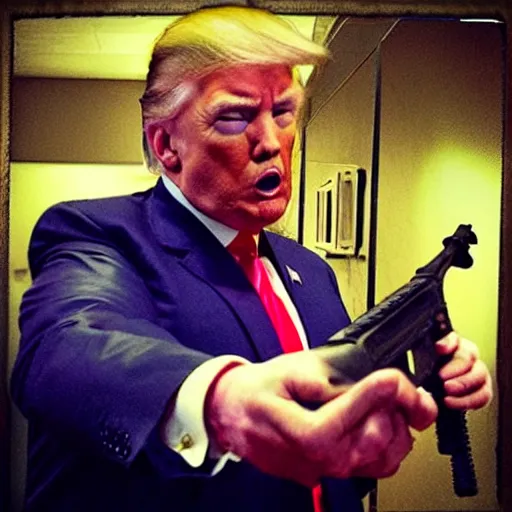 Image similar to “Donald Trump on the Call of Duty Map Der Reise fighting zombies and holding a Ray Gun, 8 mm Lena’s photography”