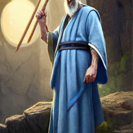 Image similar to Portrait of a middle aged elf, long beard, blue robes, olive skin and a raised fist, detailed face, cinematic lighting, highly detailed, digital art painting by greg rutkowski