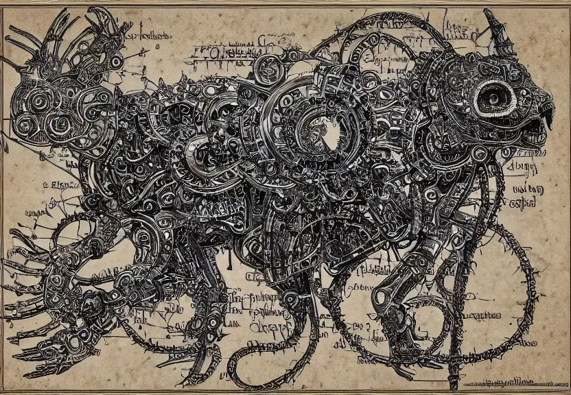 Image similar to schematic blueprint of highly detailed ornate filigreed convoluted ornamented elaborate cybernetic rat, art by da vinci