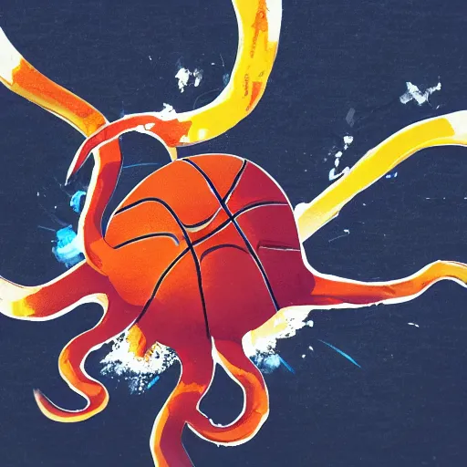 Prompt: A squid playing basketball