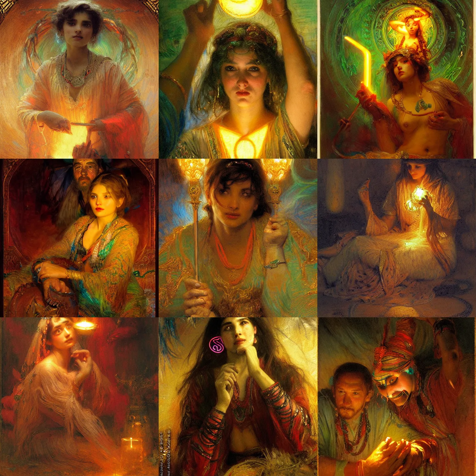 Prompt: orientalism glowing glyph neon being conjured by a witch face detail by gaston bussiere and nikolay makovsky and jules bastien - lepage and annie swynnerton and thomas lawrence, masterful intricate artwork, excellent lighting, high detail 8 k