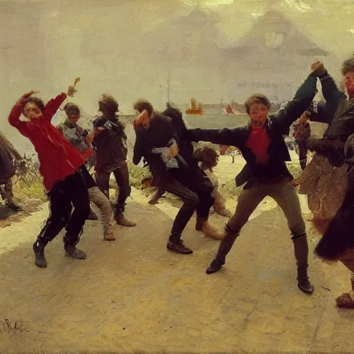 Image similar to a group of teenage boys doing TikTok dances. Ilya Repin and Ruan Jia.