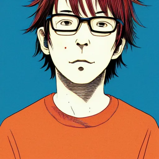 Image similar to a colorful portait of a 2 4 years old man with an orange sweetshirt made by inio asano, detailed