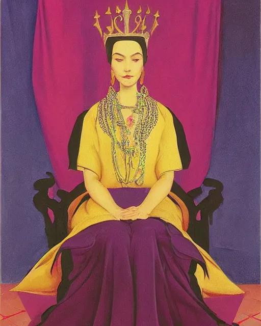 Image similar to an illustration of a queen on a throne at night in the style of johann heinrich fussli and nicholas roerich and georgia o keeffe, realistic, detailed, oil painting