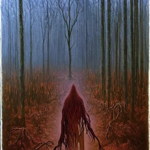 Image similar to forest spirit walking in swamp, highly detailed beksinski monster art