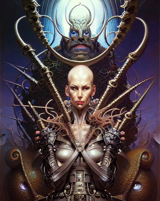 Image similar to a portrait of the armies of good and evil, fantasy character portrait made of fractals facing each other, ultra realistic, wide angle, intricate details, the fifth element artifacts, highly detailed by peter mohrbacher, hajime sorayama, wayne barlowe, boris vallejo, aaron horkey, gaston bussiere, craig mullins