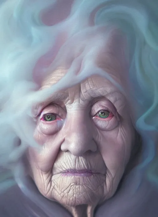 Image similar to an ethereal, misty portrait of an old woman whose face is accented with neon - toned glowing eyeliner. the makeup floats off her face and joins swirling clouds of smoke and fog, becoming an aurora. muted tones. surreal portrait, cinematic lighting, 8 k, smooth, sharp focus, digital painting, rendered in octane, painted by tom bagshaw, artgerm