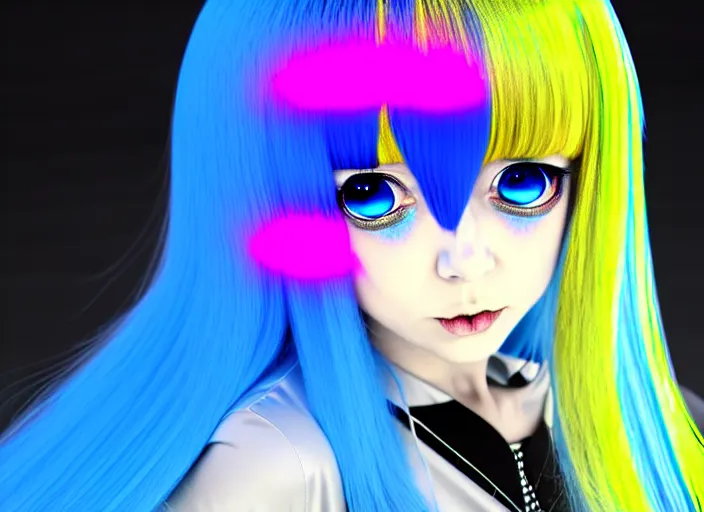 Image similar to a hologram of rimuru tempest, sky blue hair, golden yellow eyes, wearing black stylish clothing, holography, irridescent, baroque visual kei decora art pixiv 3 d render