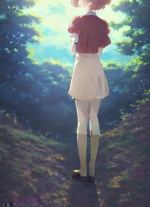 Prompt: Painting of Velma Dinkley in the style of Violet Evergarden, beautiful anime art style, winged eyelashes, countryside, calm, fantasy character portrait, dark outlines, dynamic pose, above view, sunny day, artwork by Makoto Shinkai, very coherent asymmetrical artwork, sharp edges, perfect face, simple form, 100mm
