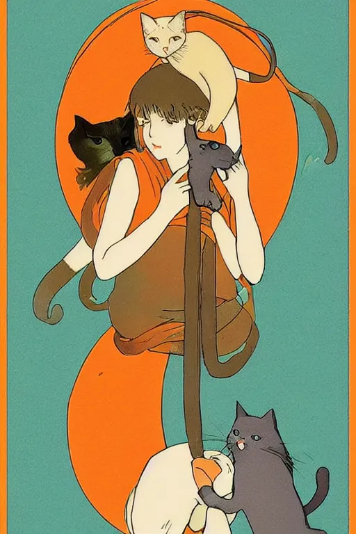 Image similar to a girl playing with a cat by studio ghibli and mucha ,Visual Communication Design Refreshing colour ,orange slices