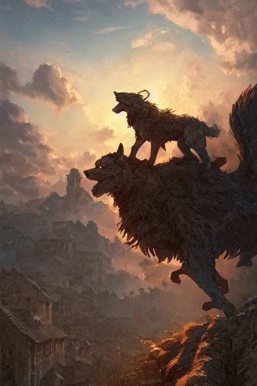 Image similar to a beautiful artwork illustration, Fenrir standing over a medieval village at sunset, destruction, by Greg Rutkowski and Jesper Ejsing and Raymond Swanland, featured on artstation, wide angle, vertical orientation