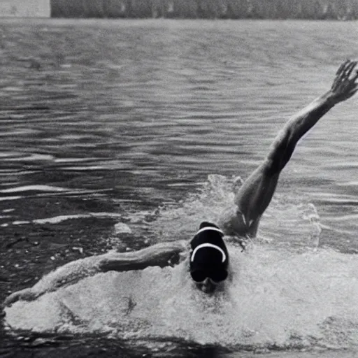 Image similar to a man finishing the 100 meter swim in record time